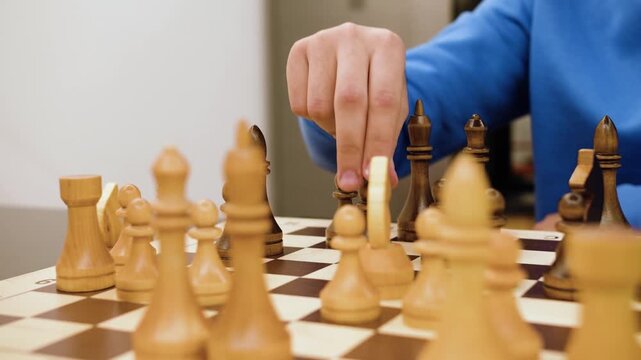Man playing chess on the floor with chess pieces on chessboard in a strategy competition game