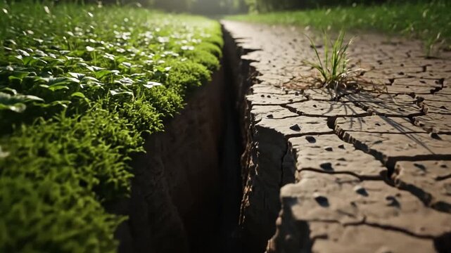 Contrast between lush green moss and dry parched cracked ground.