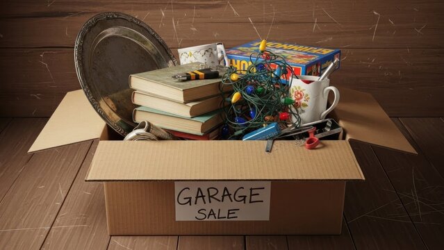 A cardboard box filled with various items, including books, toys, and household goods, with a handwritten label