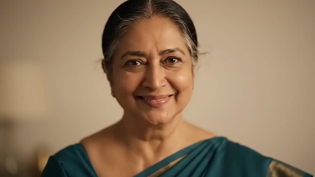 Elderly Indian Woman Smiling Warmly in Traditional Sari.