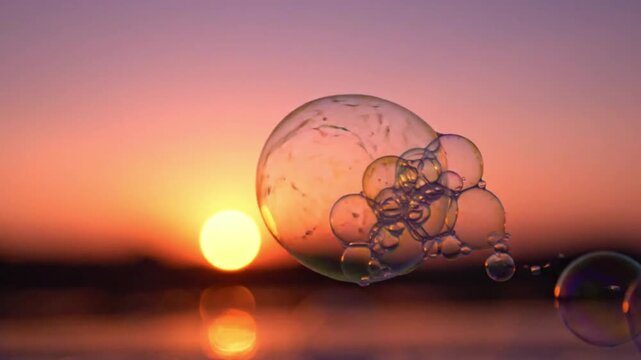 Sunset Over Water with Floating Bubbles and Reflections