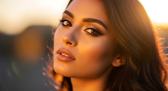 Womans portrait in golden hour lighting with dramatic eye makeup