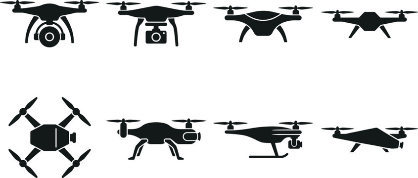 Vector set of drone and quadcopter icons in various angles and views isolated on a white background