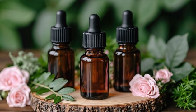 Amber glass dropper bottle with rose oil for organic skincare and cosmetic use