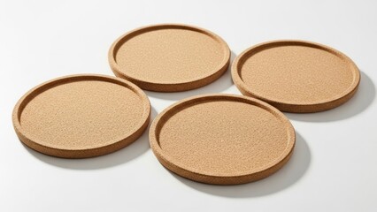 Fototapeta premium Four round, light-brown coasters with raised edges on a white surface