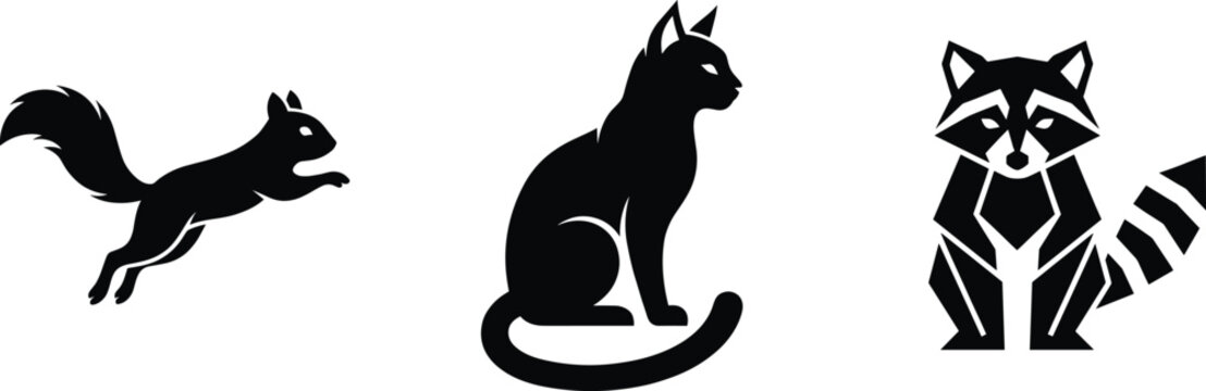 Set of black wildlife silhouettes featuring a jumping squirrel sitting domestic cat and geometric raccoon vector illustration
