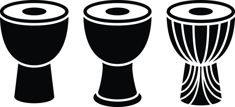 Stylized Hand Drum Silhouettes Showing Different Goblet Shapes and Decorative Details for Percussion Vector Illustration