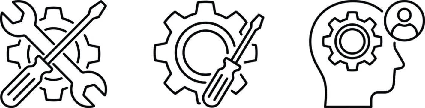 Technical support and setting icon set featuring gear wheel with screwdriver wrench and human head profile outline vectors
