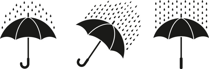 Umbrella icons with raindrops showing upright and tilted positions representing different rainfall and weather protection concepts © RAFIQUL