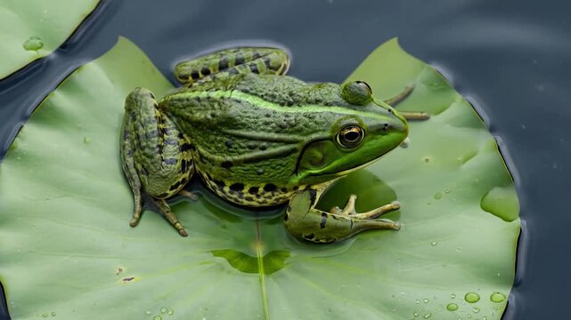 Green frog sitting on a lily pad in a pond from a top down view