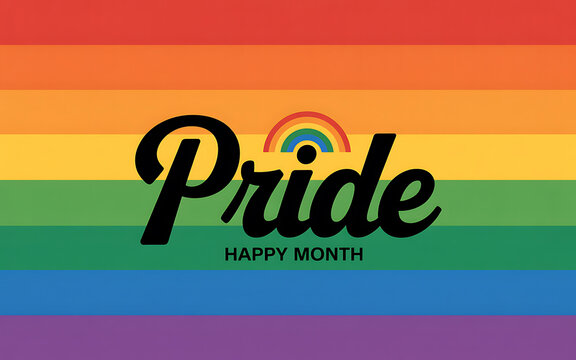 Pride month celebration with rainbow flag and happy month text in colorful design