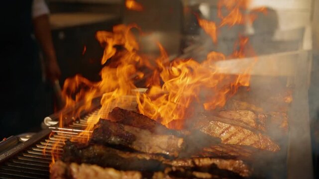 Dramatic flames engulf thick cuts of premium beef steaks on a commercial grill as smoke rises in a professional kitchen setting with a chef visible in the background preparing the meat.