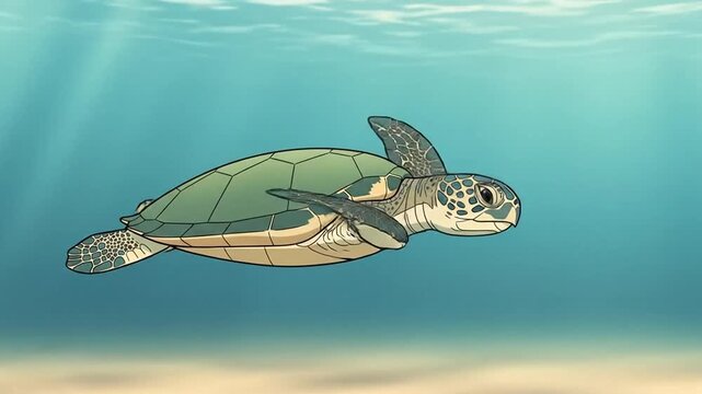 Green sea turtle swimming in clear blue ocean water illustration