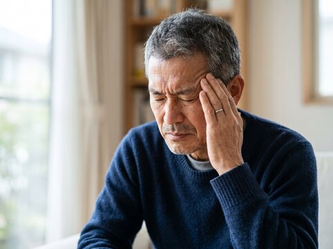頭痛・こめかみに悩む50代アジア人男性のポートレート
