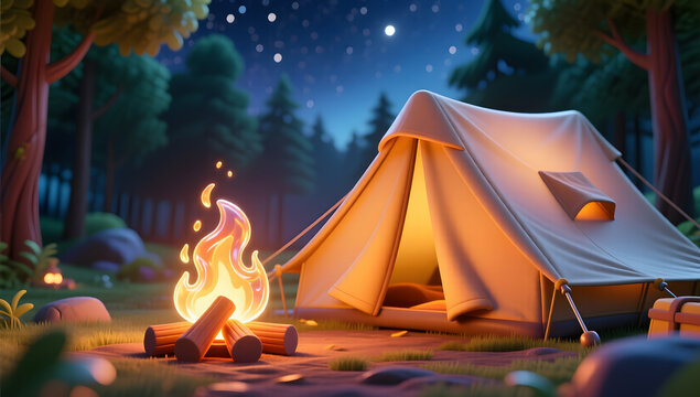 Warm 3D illustration of a summer camp campfire and tent in the forest