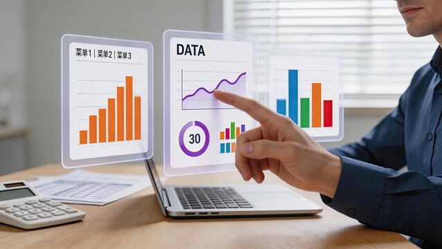 Businessman analyzing holographic data charts and graphs on futuristic transparent screen interface in modern office, digital technology concept for financial analysis and big