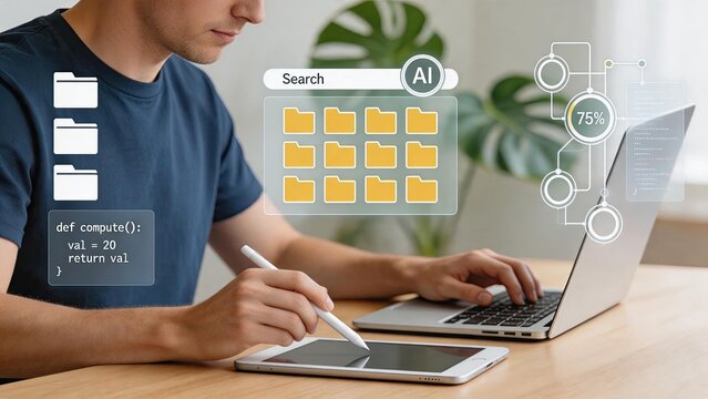 Software developer programming code and managing AI file search system on laptop and tablet, abstract user interface with folders and algorithm logic for web development and