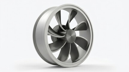 Obraz premium A close-up studio shot of a shiny metallic multi-bladed turbine impeller on a clean white background, showcasing its intricate engineering design.