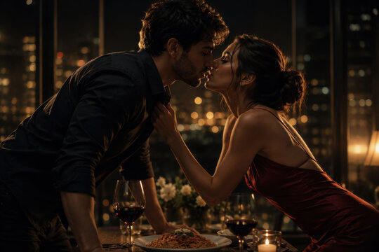 Elegant couple sharing a romantic kiss across candlelit dinner table with wine and pasta, intimate evening, passion, love story and luxury date night atmosphere