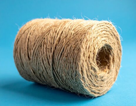 Close-up of a tightly wound cylindrical coil of natural twine on a vibrant, light blue background. Soft focus and good lighting