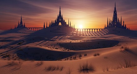 Naklejka premium Fantasy desert landscape with ancient spiky towers.