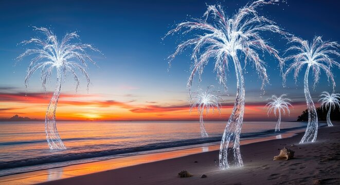 Fireworks exploding on a beach at sunset.