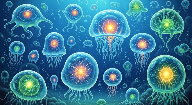 Vibrant jellyfish in ocean water column.