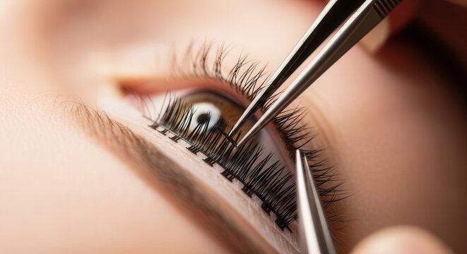 Close up of applying eyelash extensions.