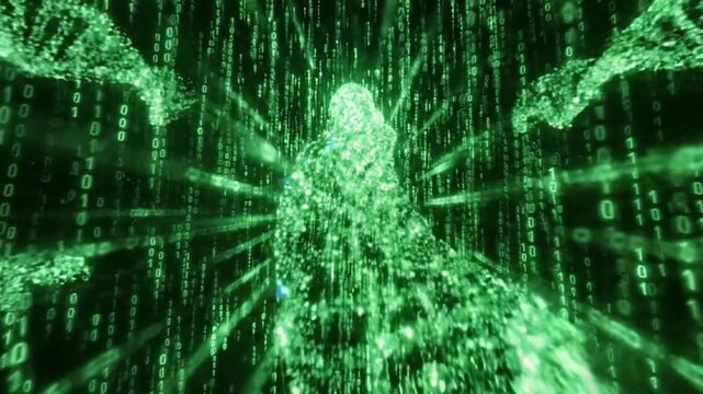 Digital Human Form Composed of Binary Code Matrix, DNA Strands, Futuristic Sci-Fi Concept