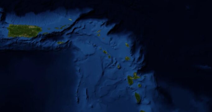 Nevis on Globe. Zoom into the island with Earth spinning in space. High detail physical world map with Nevis on it. Elements of this image furnished by NASA.