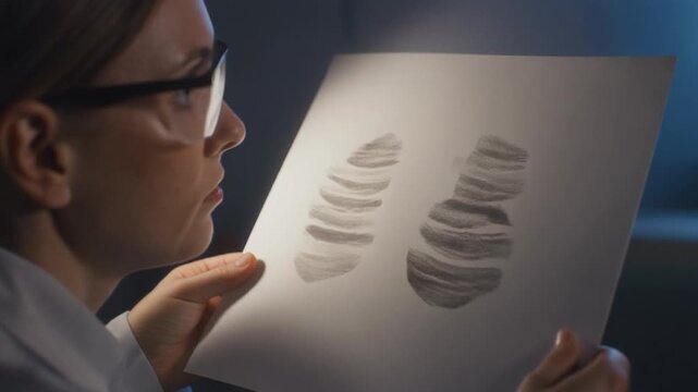 Man Examining Fingerprint Evidence Closely.