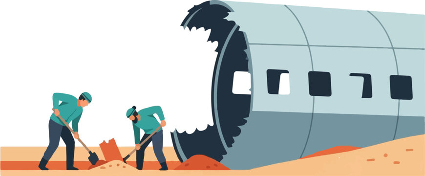 Workers investigating damaged airplane fuselage in desert.