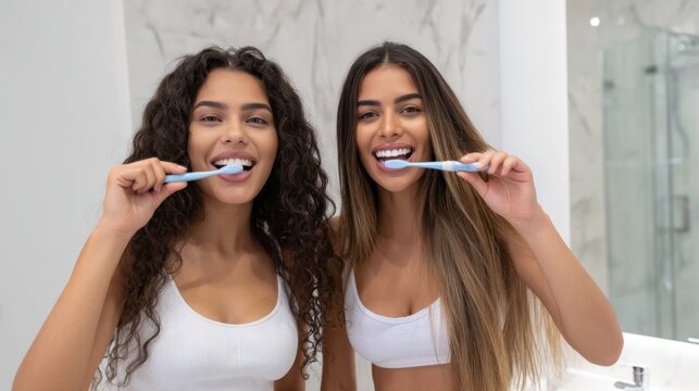 Two young women brushing teeth together in modern bathroom. Daily oral hygiene, dental care and healthy lifestyle concept with happy friends smiling during morning routine