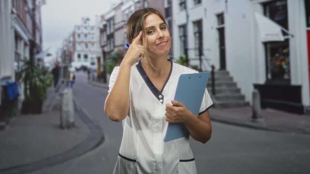 Woman nurse holding clipboard points finger to temple on a street near a building, wearing scrubs and smiling; compassionate care thoughtful.