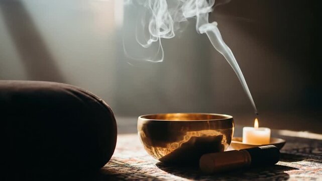 Tibetan singing bowl with candle and smoke in a peaceful meditation room