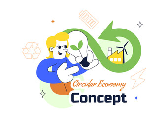 Fototapeta premium Circular Economy Vector Illustration Featuring Recycling Process, Renewable Energy, Green Industry, Sustainable Business and Eco Lifestyle Design