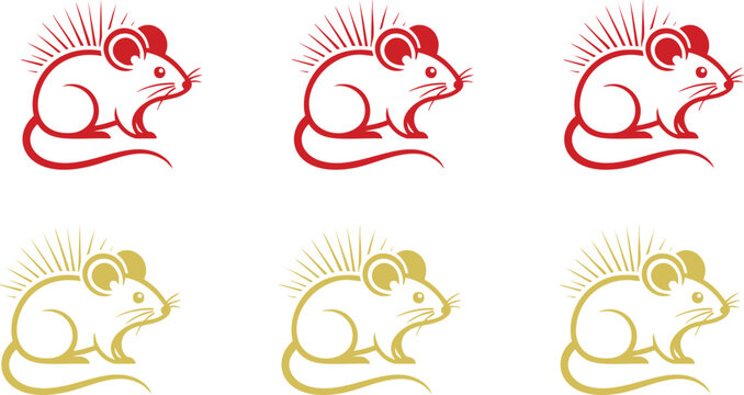 Mouse icon set red and gold line art illustrations