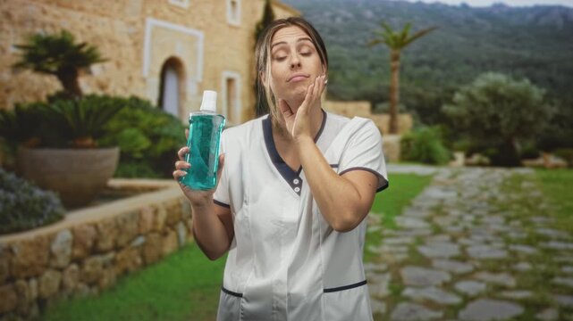 Woman nurse in white coat holds mouthwash bottle and touches cheek with hand in building courtyard; doubt oral hygiene.