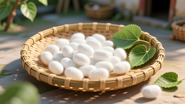 Traditional silkworm rearing and smooth white cocoons in Xiaoman
