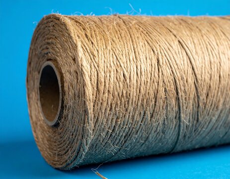 Close-up of a tightly wound spool of natural-colored twine against a vibrant, solid-colored backdrop. Threads are neatly arranged