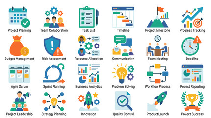 Fototapeta premium Modern business project management concept icons set for planning strategy, teamwork, analysis, and success with flat design elements