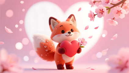 Obraz premium Cute Fox Holding Heart and Peach Blossom for Qixi Romance Gift