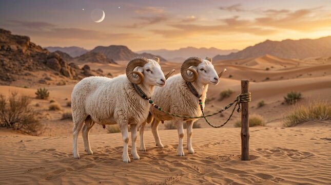 Two sheep standing in desert landscape with crescent moon in sky at golden hour.