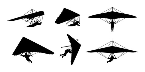 Hang Gliding Silhouette Set, Extreme Sports Aviation, Aerial Adventure Vector Illustrations, Pilot Flying Freedom © Karim