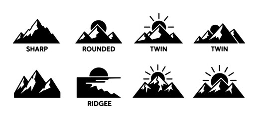Mountain Icons Set: Sharp, Rounded, Twin Peaks, Ridge, Sunrise, Sunset, Vector Graphics for Adventure, Nature, and Outdoor Themes © Karim