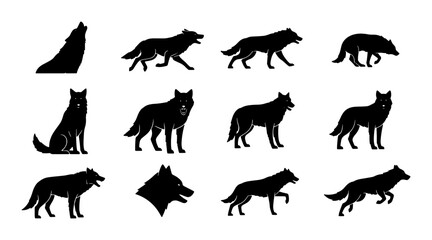Obraz premium Wolf Silhouettes Collection, Wild Animal Poses, Canine Vector Icons for Nature and Wildlife Graphics