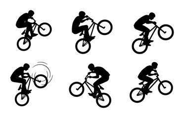 Naklejka premium BMX Bicycle Silhouettes, Extreme Sports Action Poses, Dynamic Cycling Stunts Vector Set, Freestyle Rider Performance Graphics