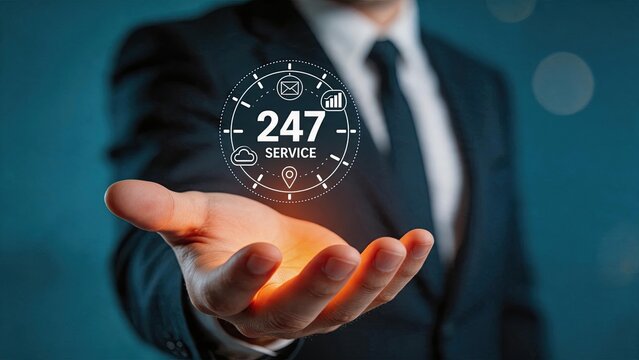 Hand holding glowing hologram icon of twenty-four seven service support, representing constant availability, global connectivity, cloud computing, and instant communication for