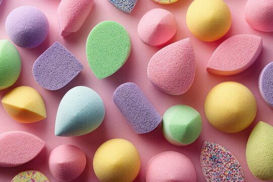 Dense pattern of colorful cosmetic sponges and bath bombs on a solid pink background with cosmetic background colorful applicator teardrop assorted collection arrangement overhead accessory