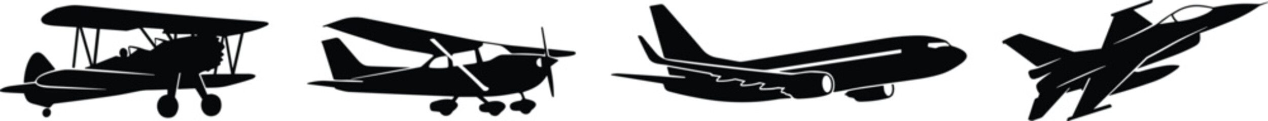 Aircraft Silhouette Collection with Vintage Biplane Passenger Jet Fighter Aircraft and Aviation Transportation Vector Icons © MostMeskatun
